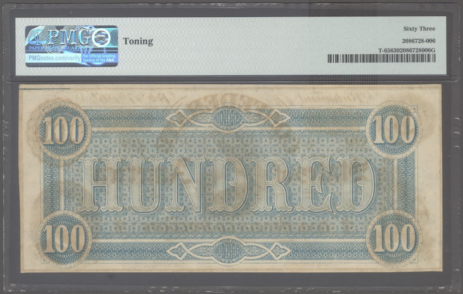 T65 PF-1 1864 $100 Confederate States of America CSA S/N 75123 PMG 63 2