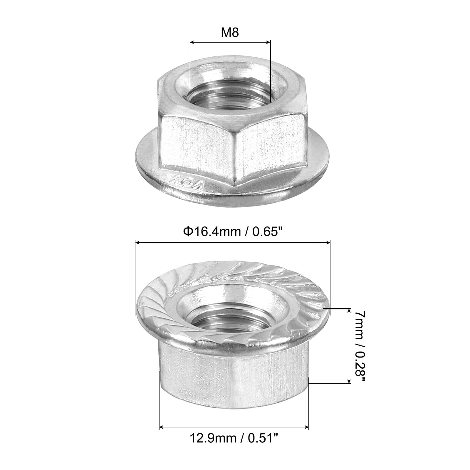 M8x1.25mm Serrated Flange Hex Lock Nuts, 20Pcs Hexagon Flange Nut, Silver 2