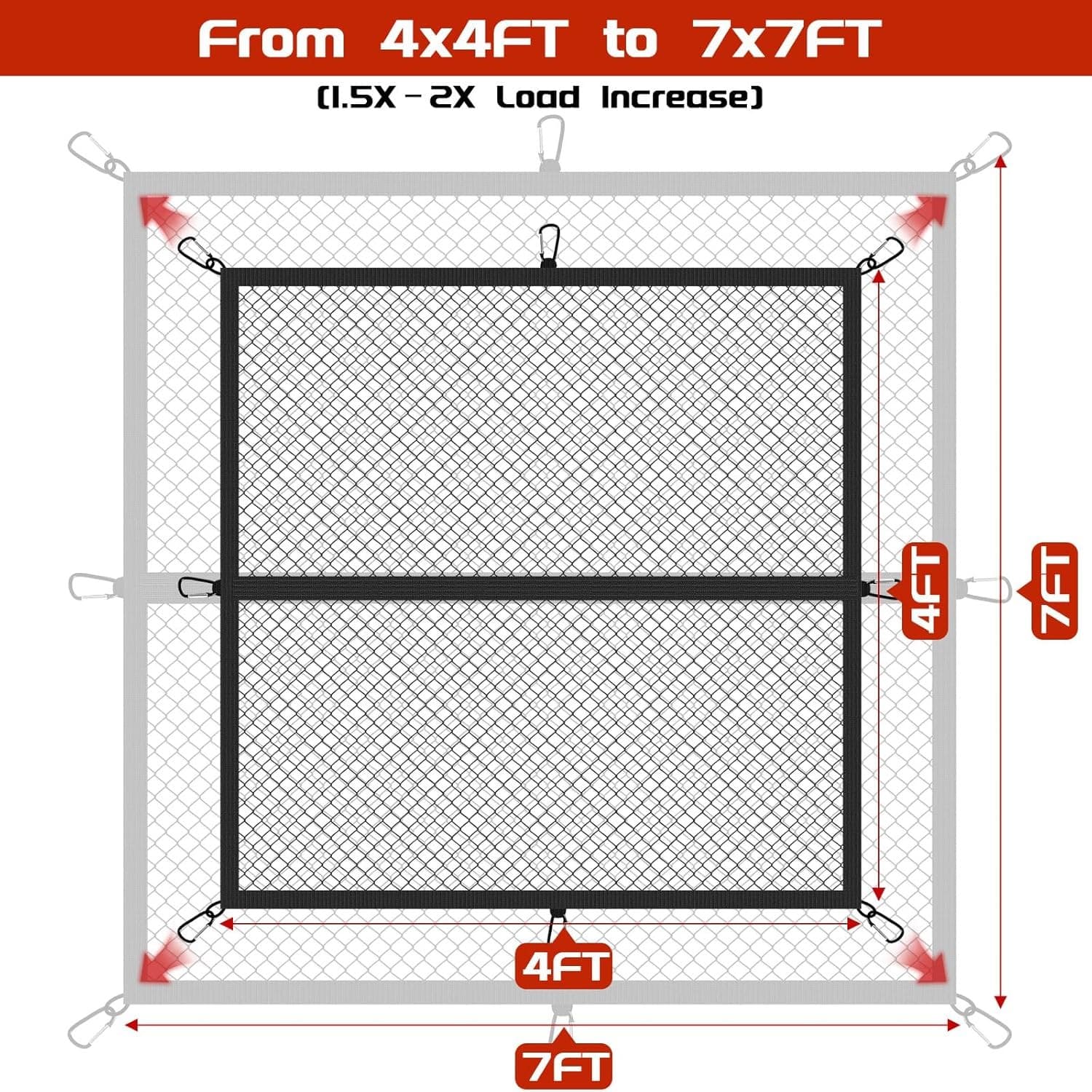 Net with Storage Bag and 8 rustproof Buckles, Stretchable from 4x4'- 7x7' Black 2