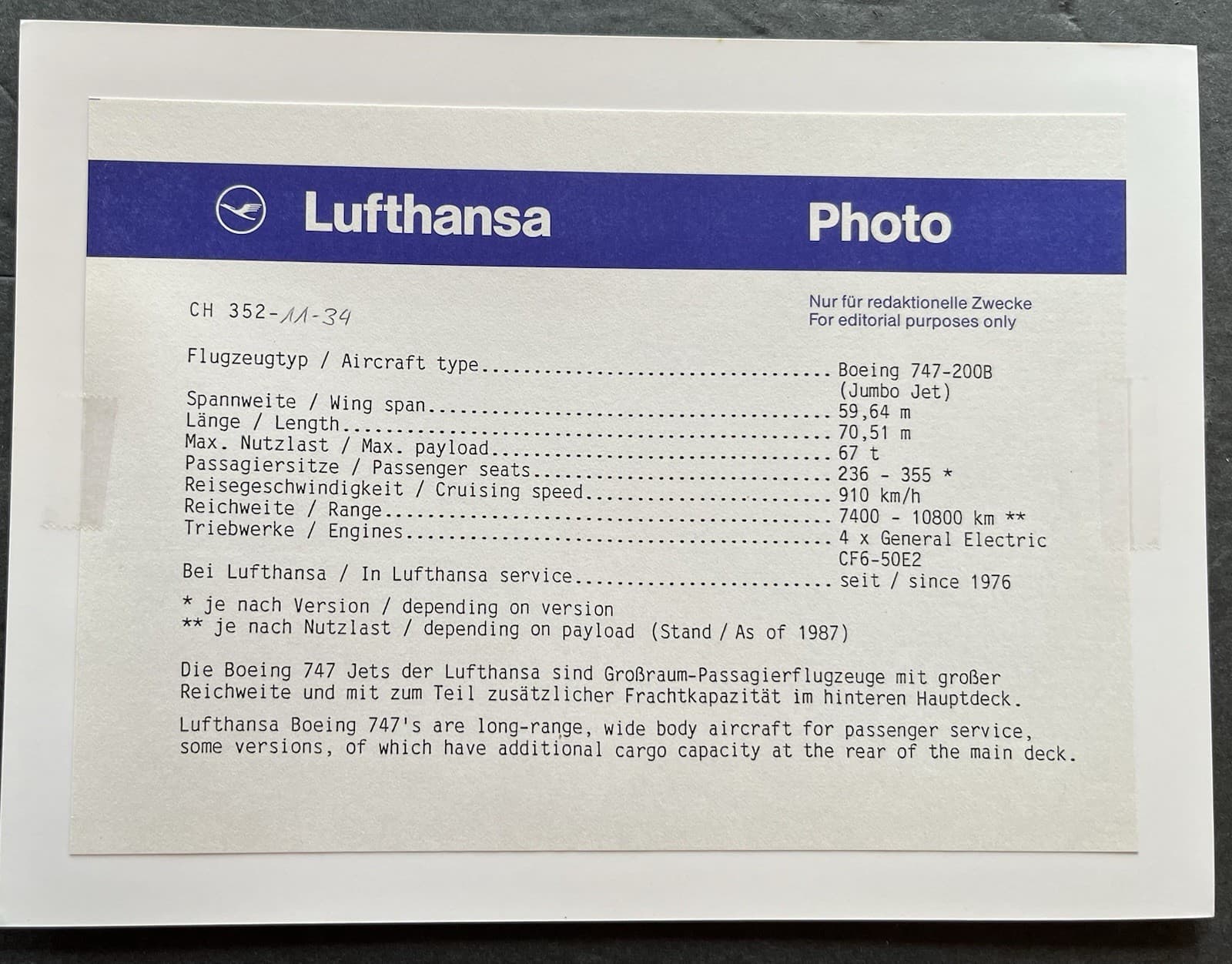 LUFTHANSA BOEING 747 200B JUMBO JET 1987 7x9.5” Aviation Archive Airlines Photo 3