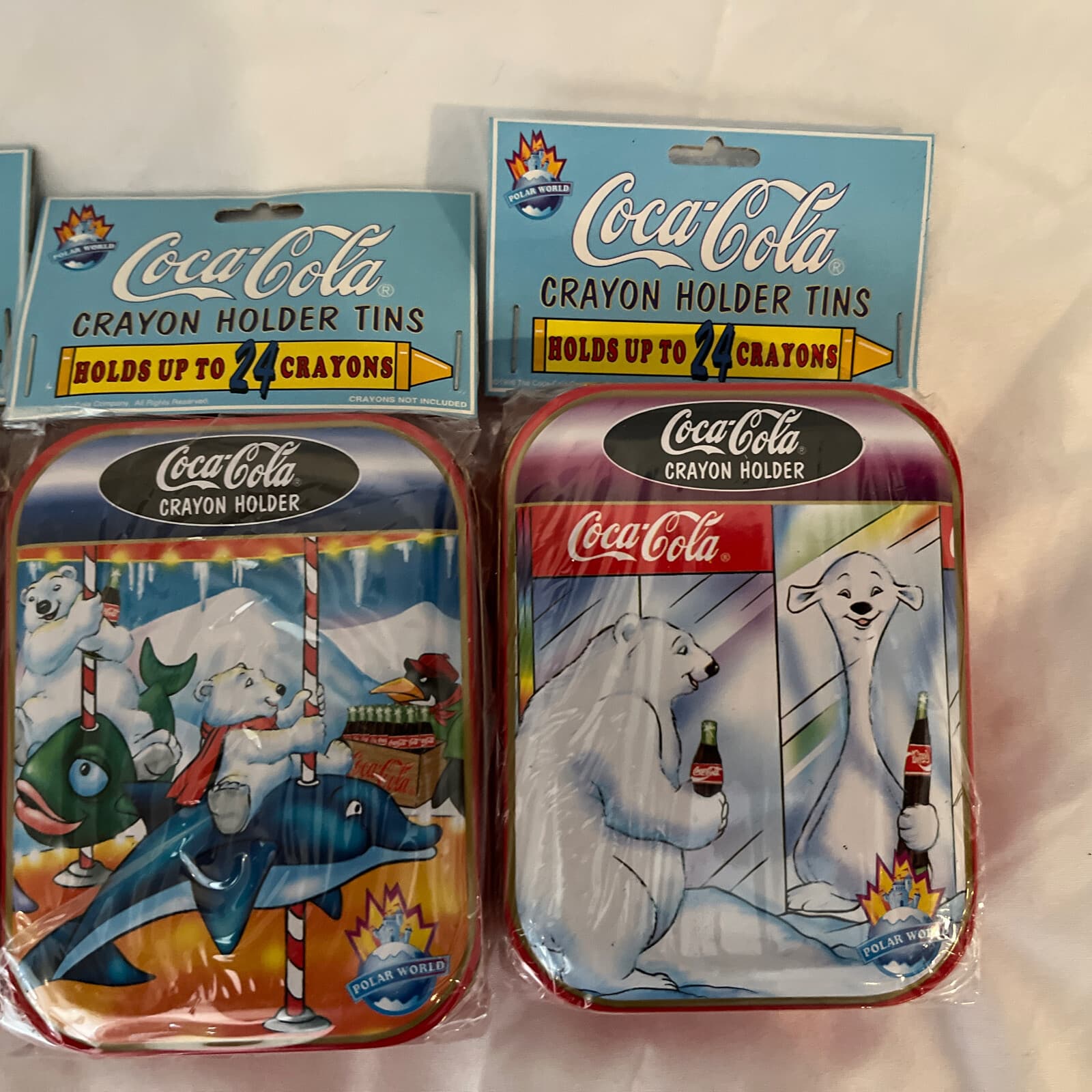 Coca-Cola Coke Polar Bear Crayon Holder Tin Lot 3x New Old Stock! 1996 Bears 4