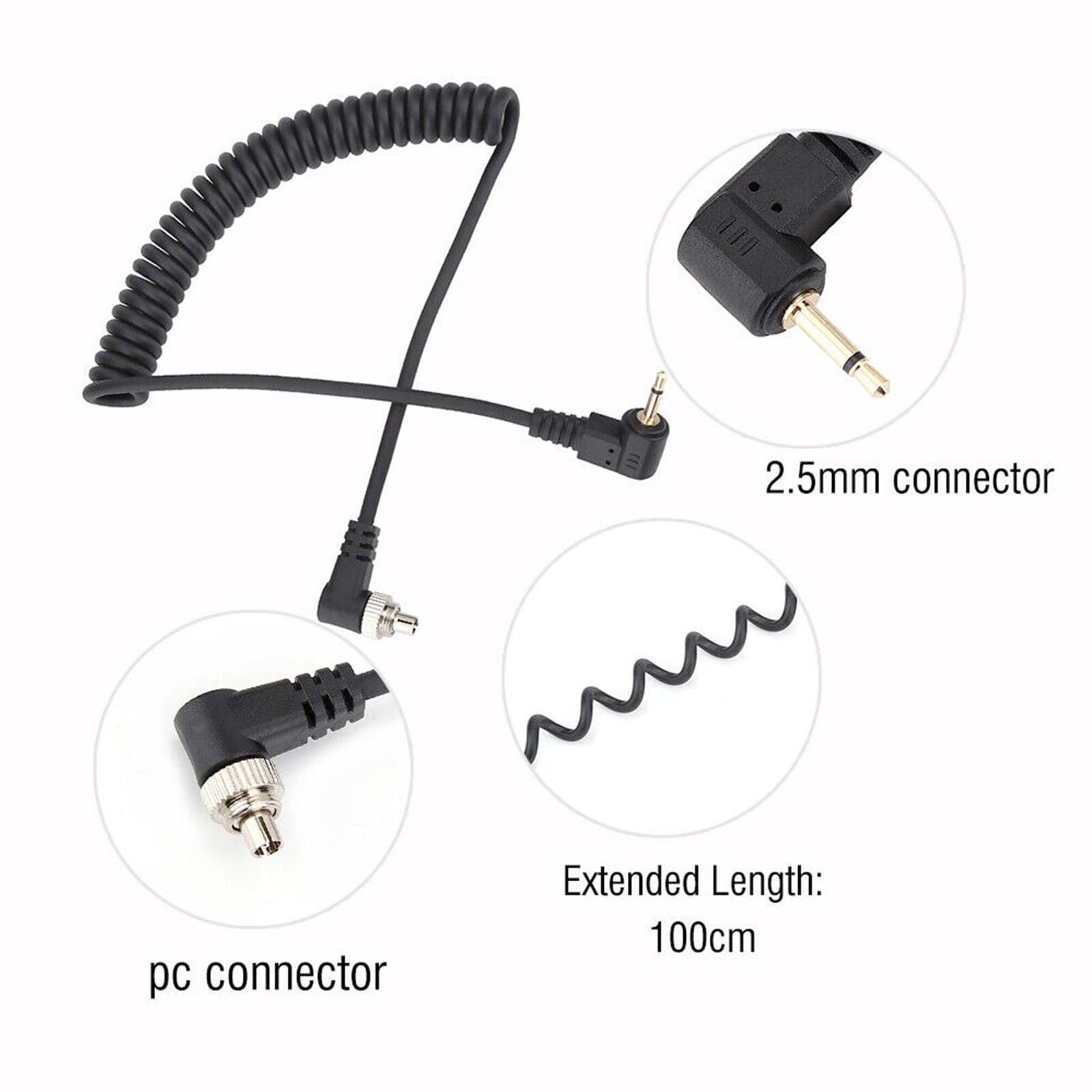 2.5mm To Male Flash PC Sync Cable Camera Flash Trigger Cord 30-100cm for DSLR 4