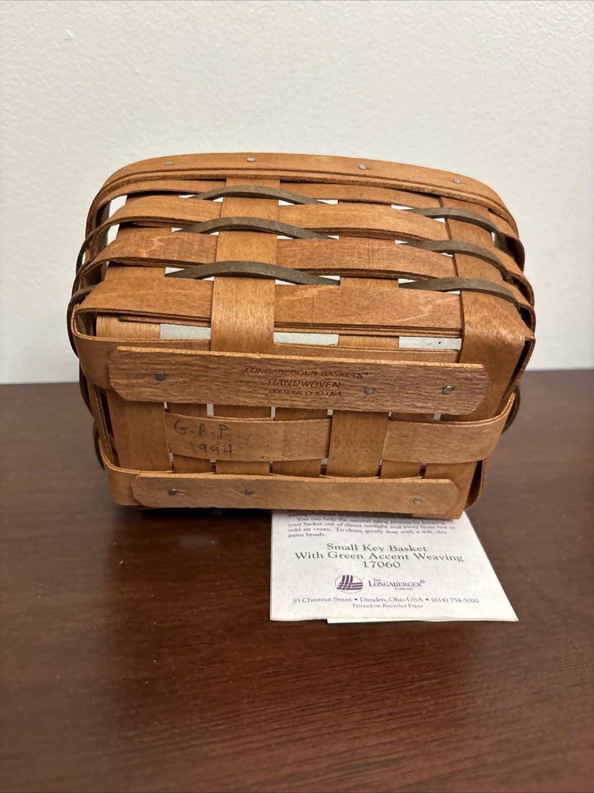 Longaberger Small Key Basket Green Weave 1994 Wall Hanger Protector 17060 VTG 4