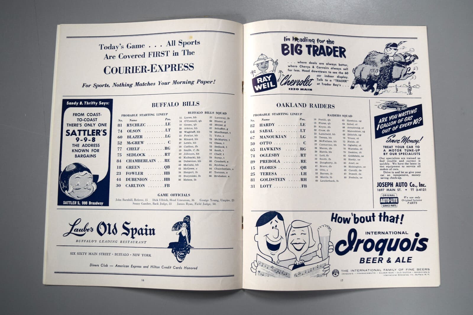 1960 Buffalo Bills vs. Oakland Raiders Official Game Program Unmarked 10-23-60 2