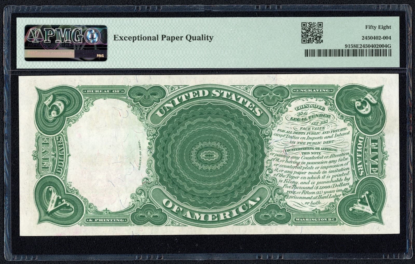 1907 $5 Five Dollar Woodchopper United States Note Fr#91 PMG CH AU 58 EPQ 2