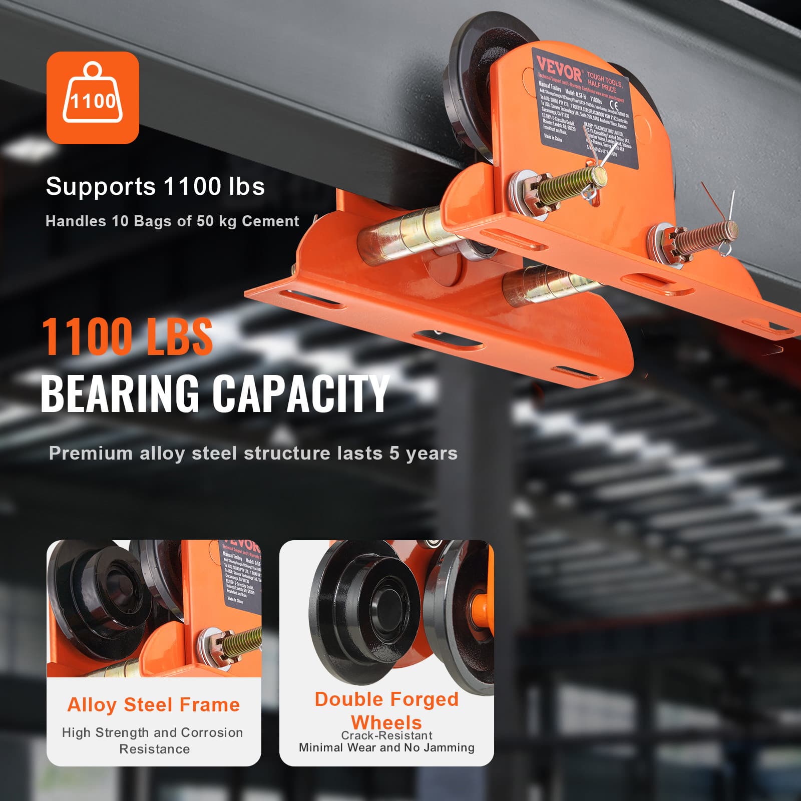 Electric Hoist Manual Trolley 1100 lbs/0.5T 2.36"-4.72" I-Beam Adjustable 4