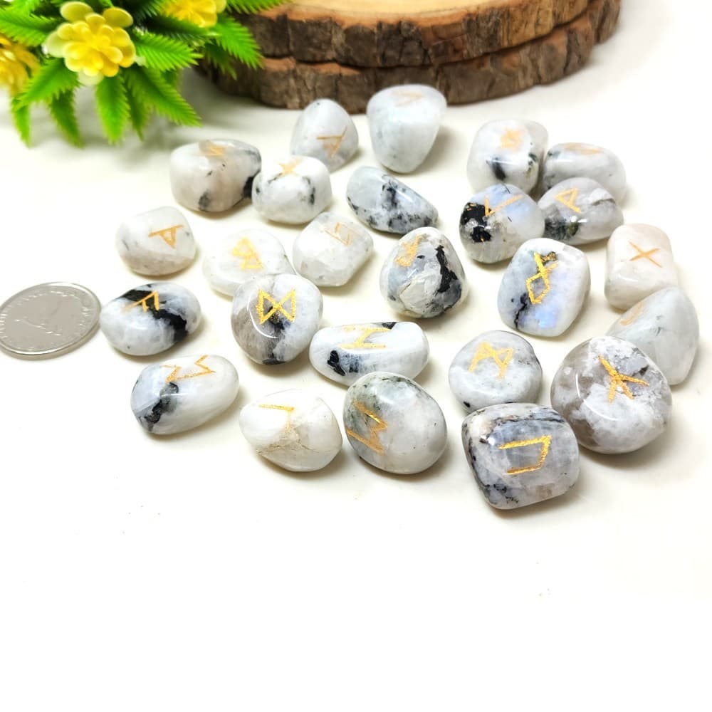 White Rainbow Moonstone Rune Set | 25 Hand-Carved Viking Runes for Wicca Gift 2