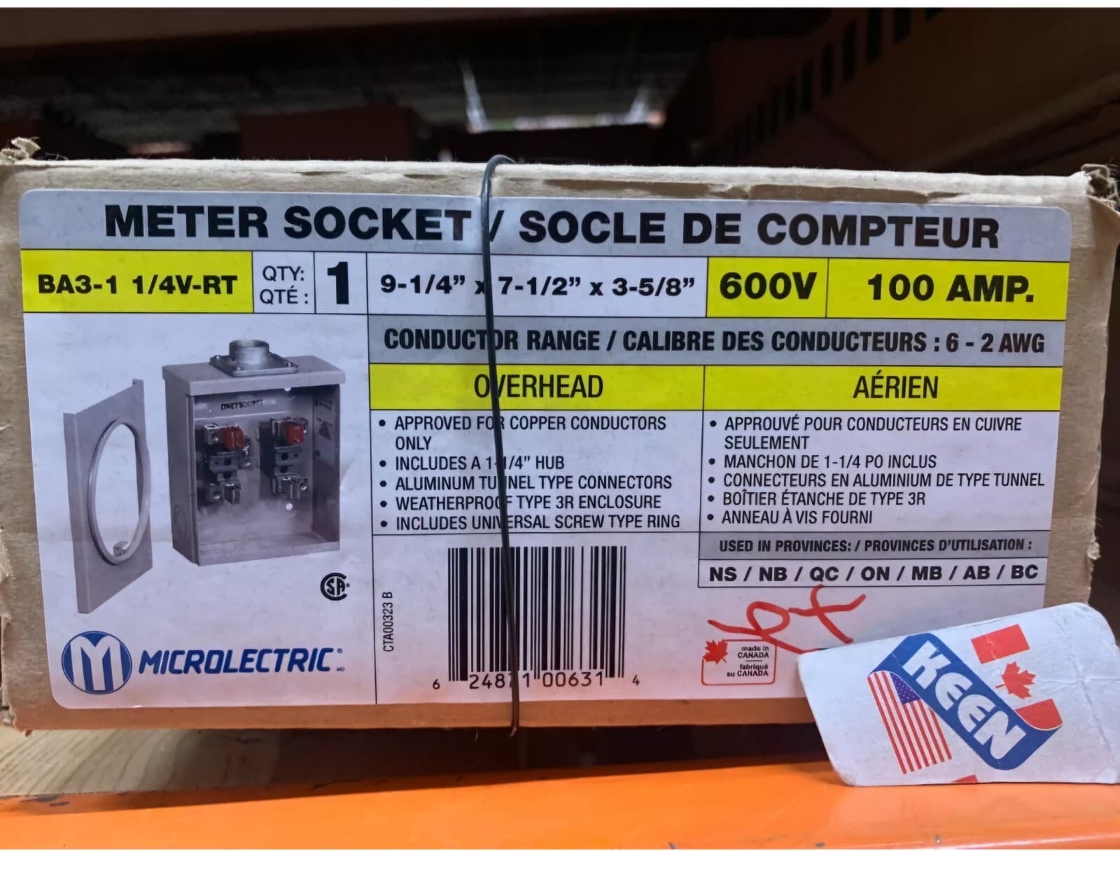 100A Overhead Meter Socket 1-1/4 Hub 600V BA3-1 1/4V-RT MicroElectric -NOB Cond. 2