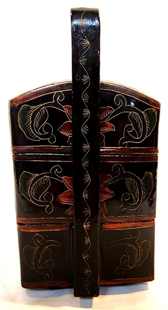 19 C.  Chinese Black Lacquer Porcelain Shard Stacking Lunch Bento Box 5