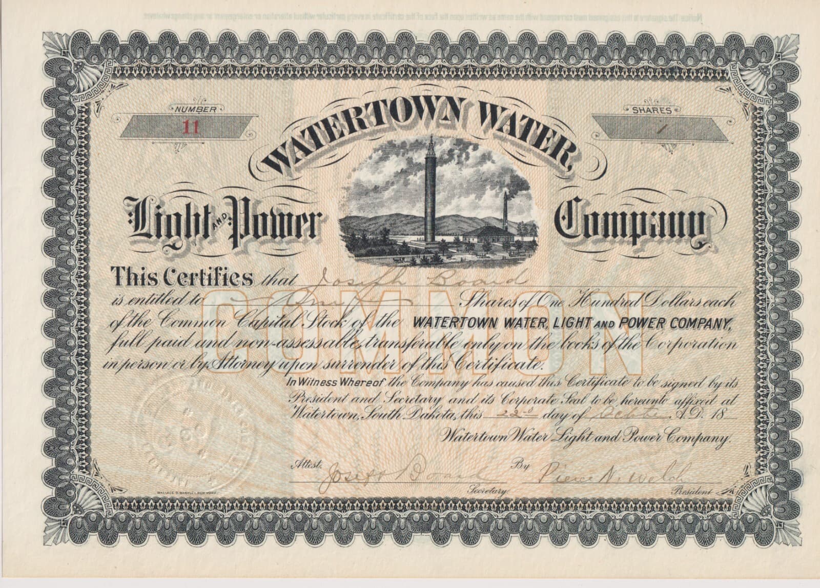 1896 Watertown Water Light & Power Company Stock Certificate
