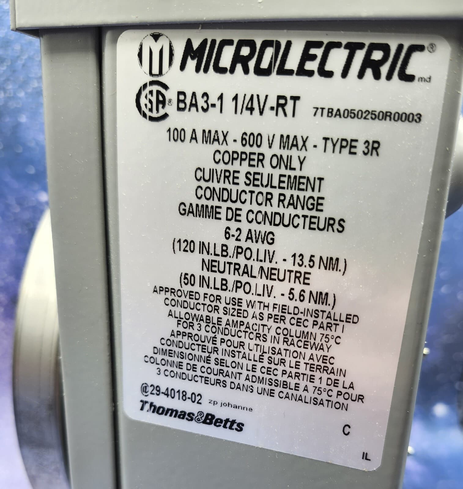 100A Overhead Meter Socket 1-1/4 Hub 600V BA3-1 1/4V-RT MicroElectric -NOB Cond.