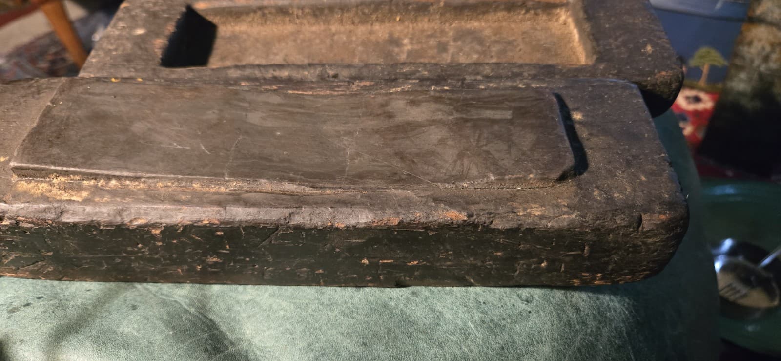 Primitive Antique Sharpening Stone W/ Wood Case 13" x 3” 5