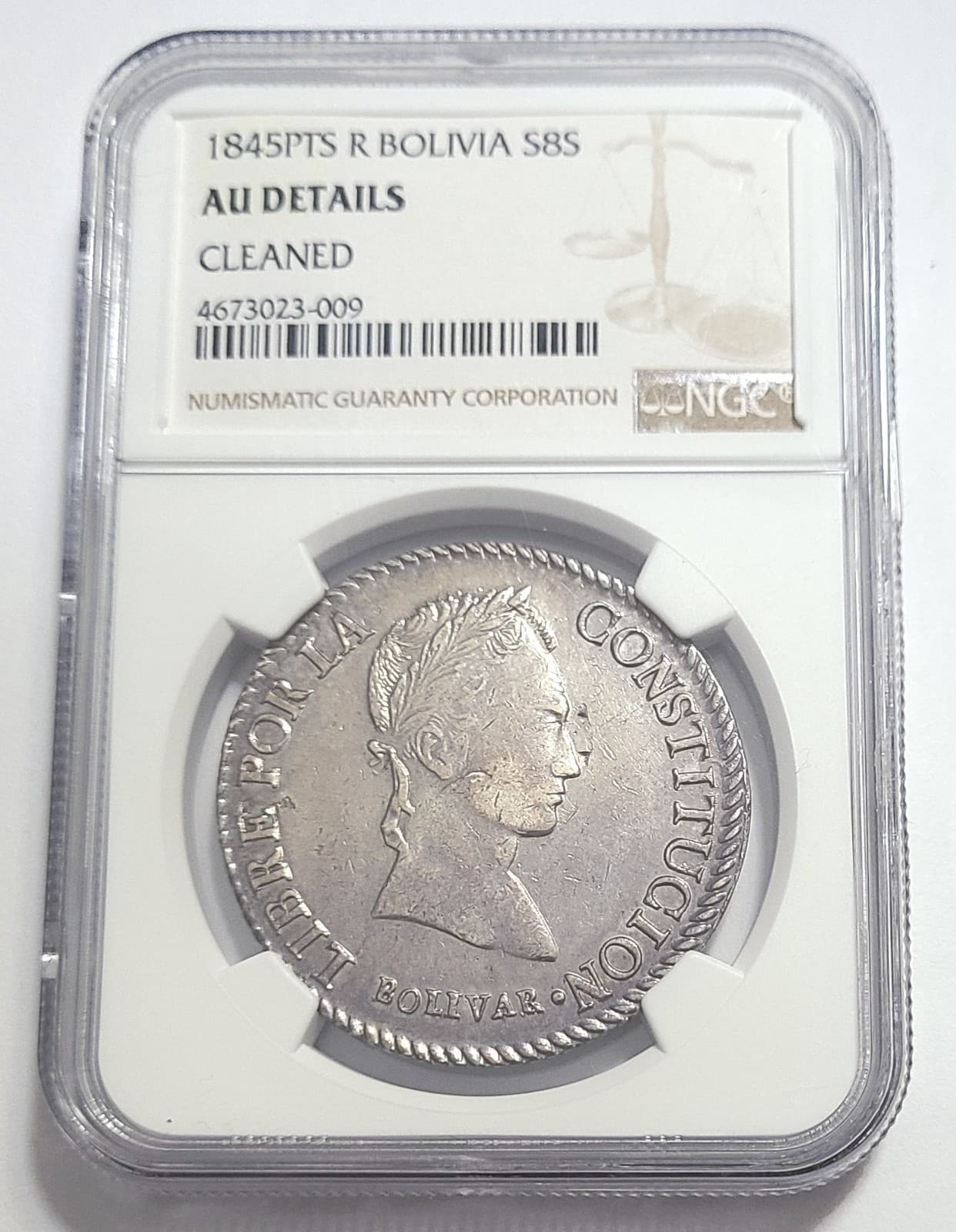 1845-PTS R BOLIVIA SILVER 8 SOLES NGC AU DETAILS 2