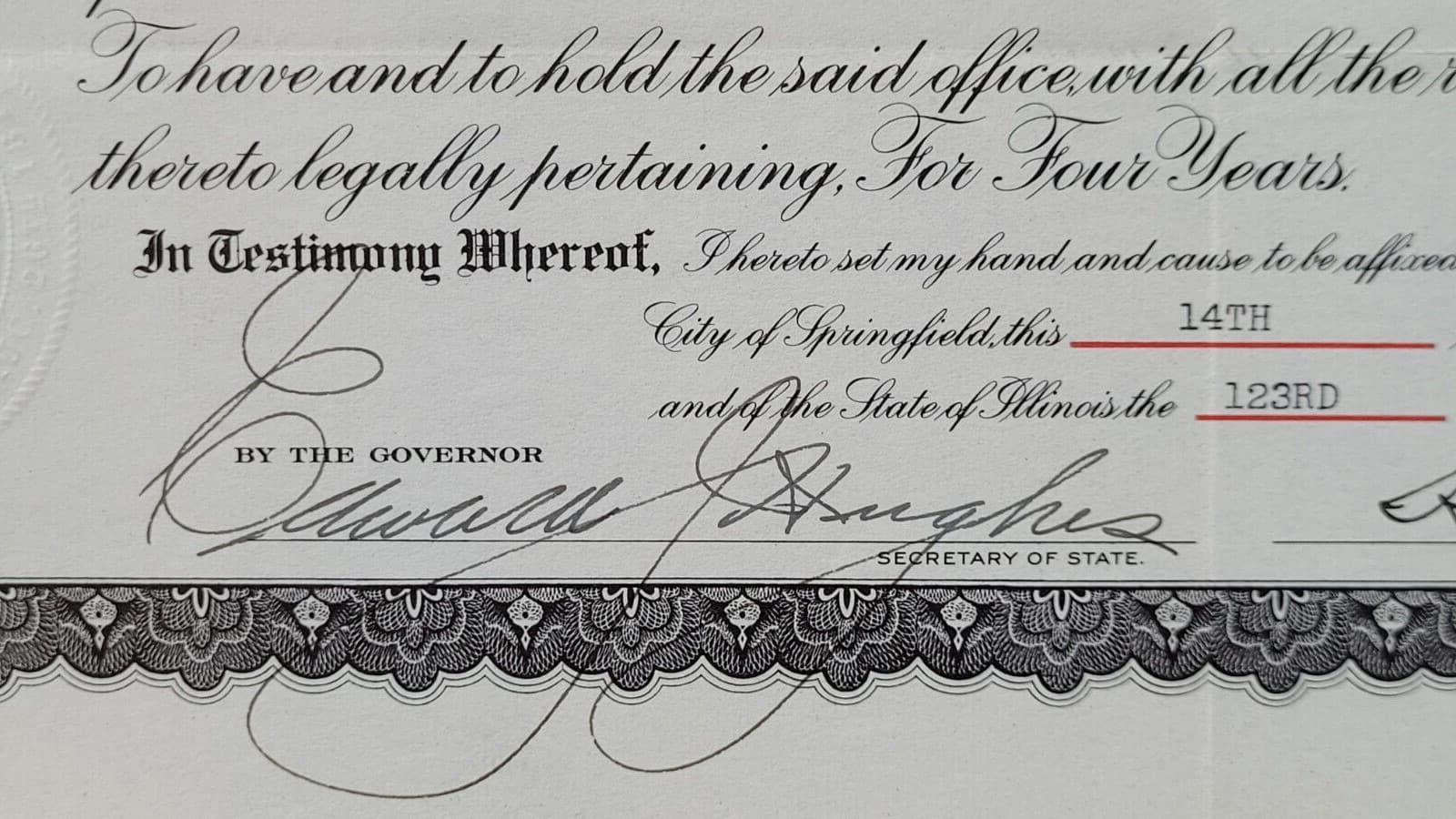 Illinois Governor Henry Horner hand-signed cert 1940 famous depression era Gov. 3