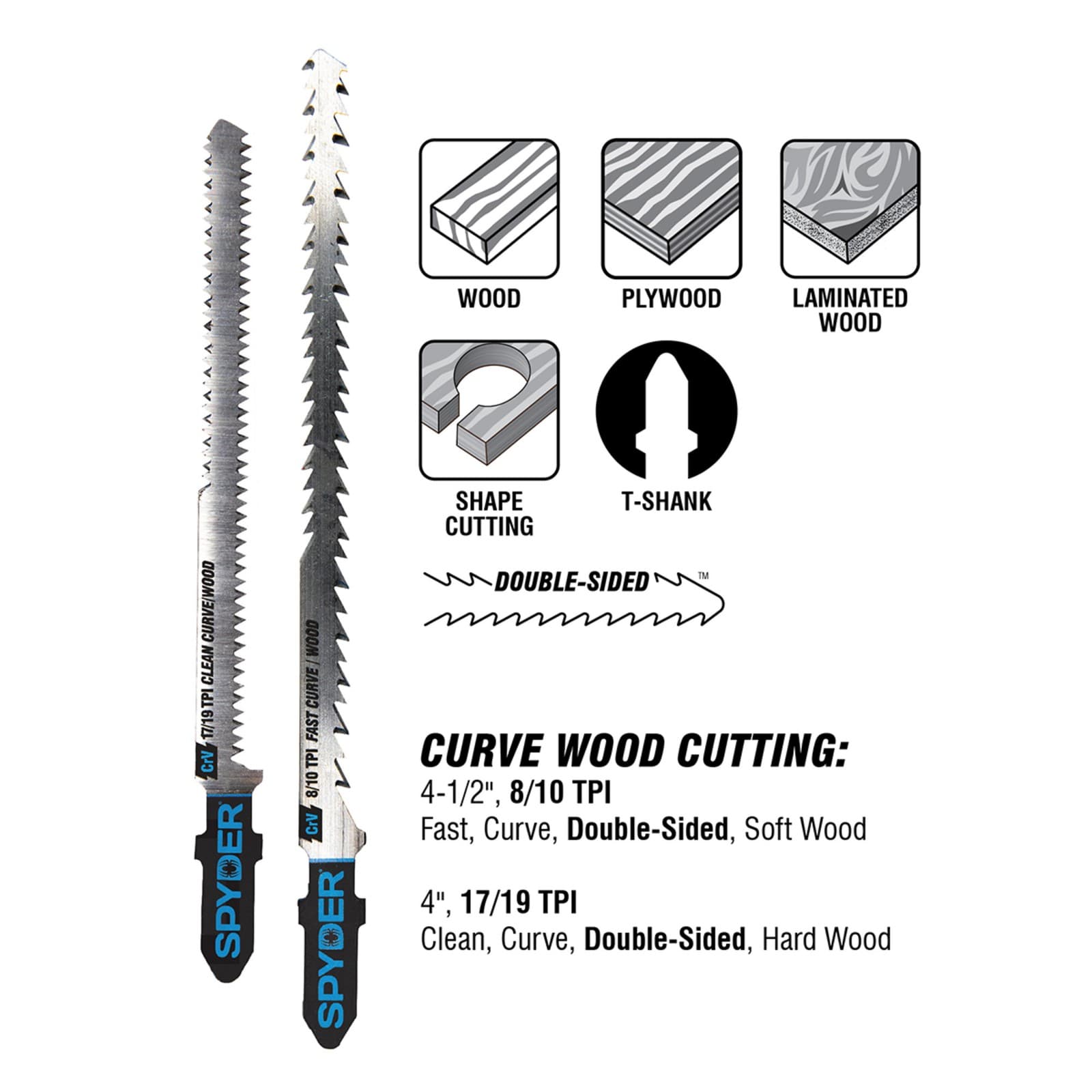 17/19-TPI Jig Saw Blades T-Shank Double-Sided (2-Pack) Spyder 300100 2