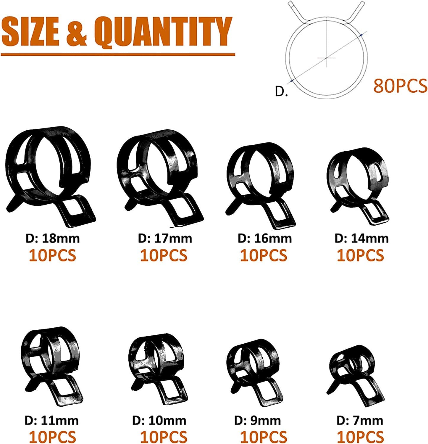 ISPINNER 80pcs Spring Band Type Fuel/Silicone Vacuum Hose Pipe Clamp, Black 2