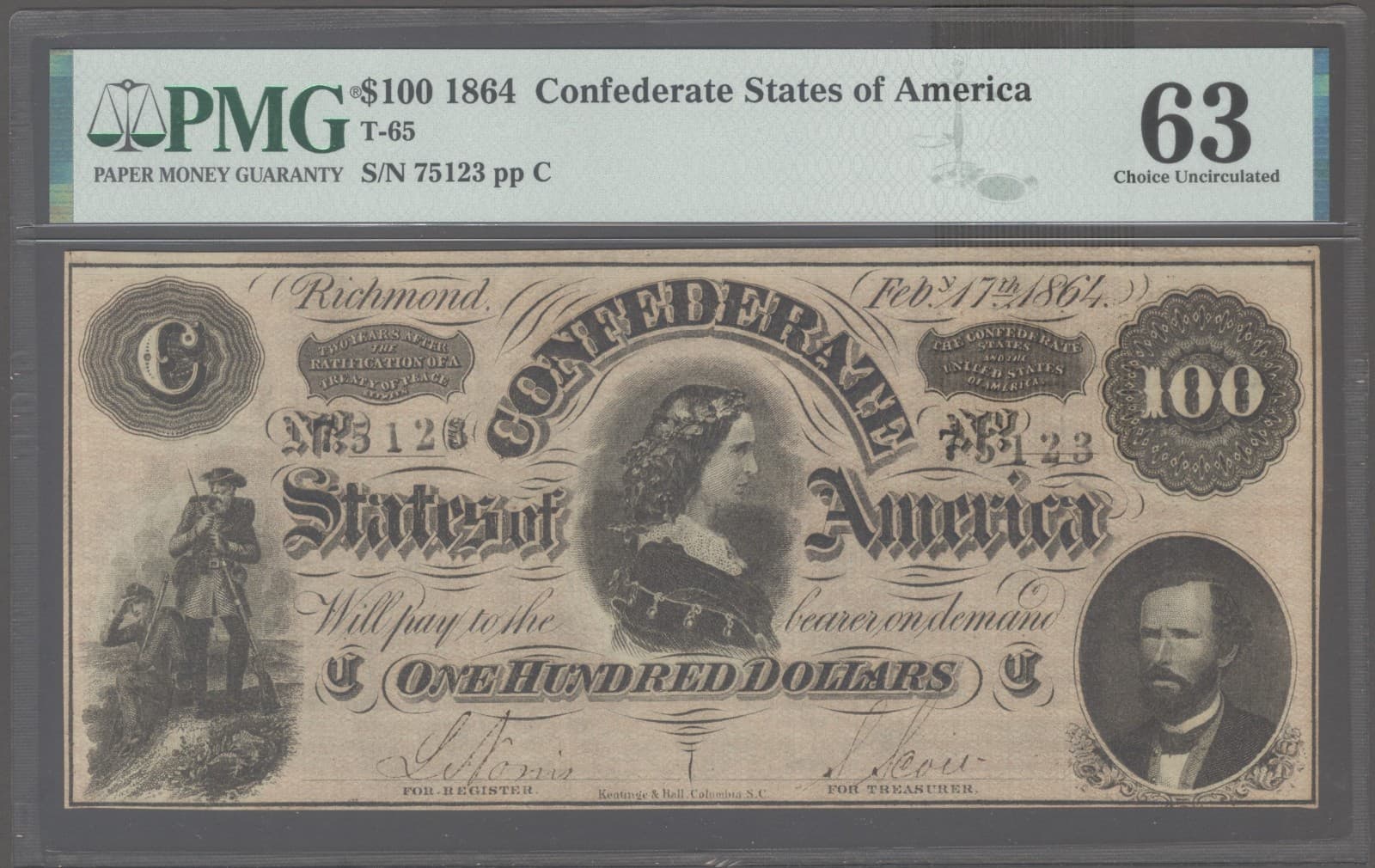 T65 PF-1 1864 $100 Confederate States of America CSA S/N 75123 PMG 63
