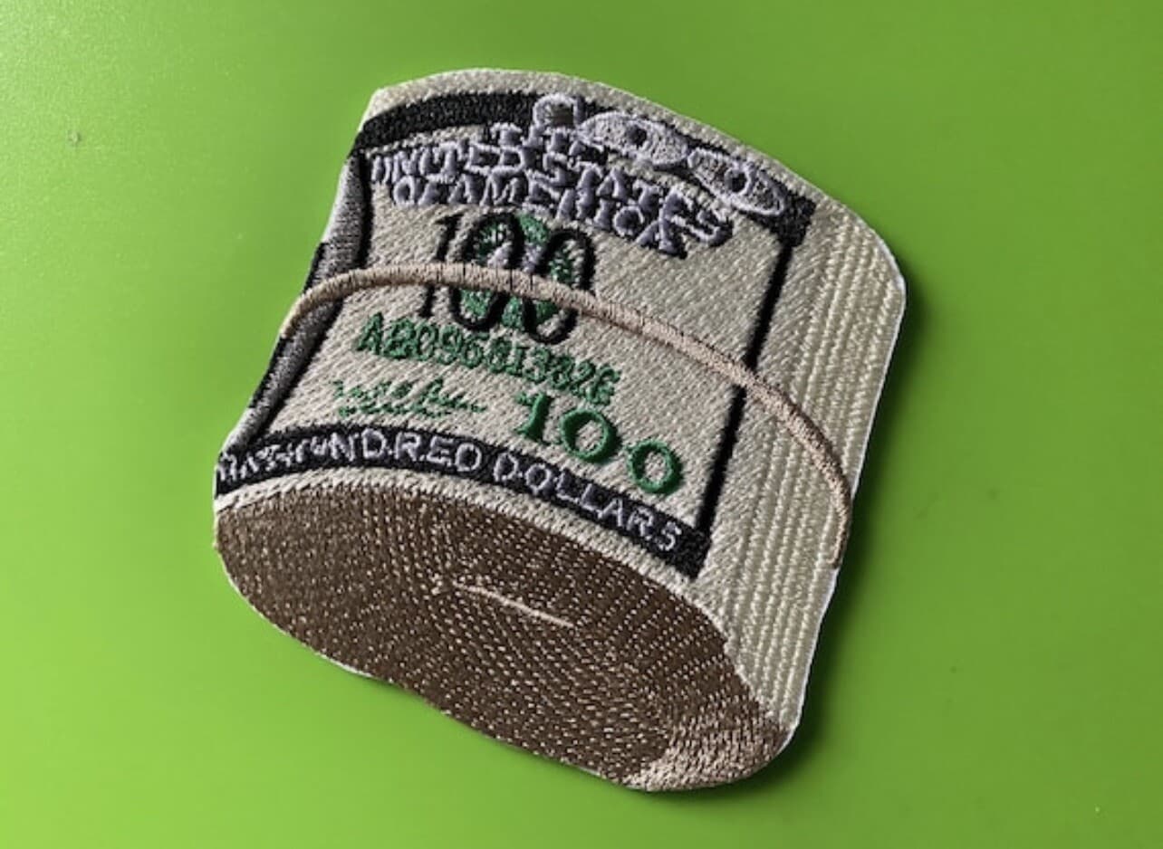3x3in Embroidered $100 Bill Roll Iron-On Patch – Unique Money Stack Design 2