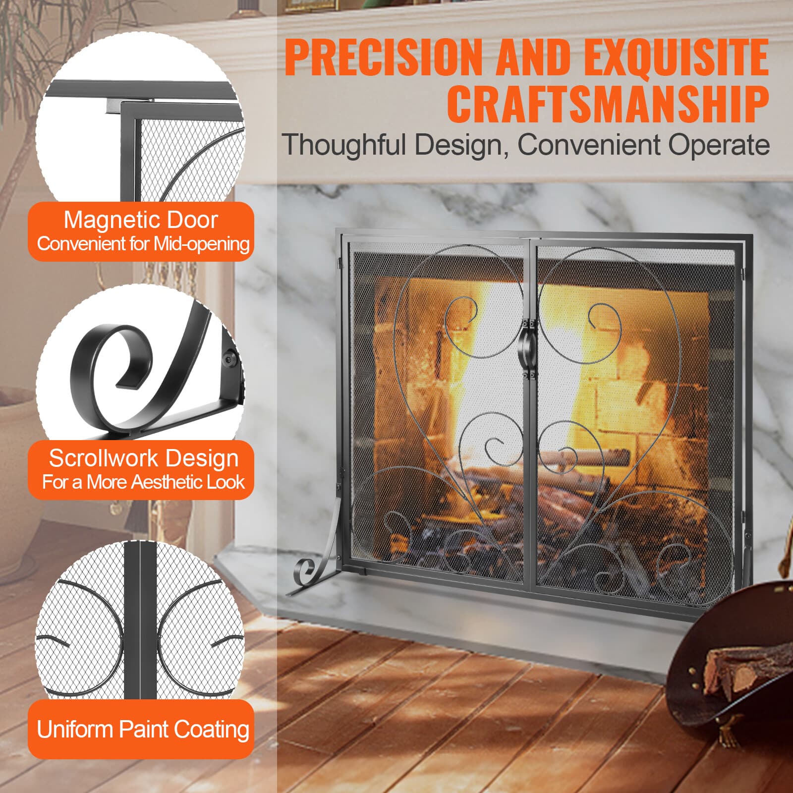 VEVOR 39"x31.6" Fireplace Screen 2-Panel Iron Mesh Spark Guard Vintage Black 6