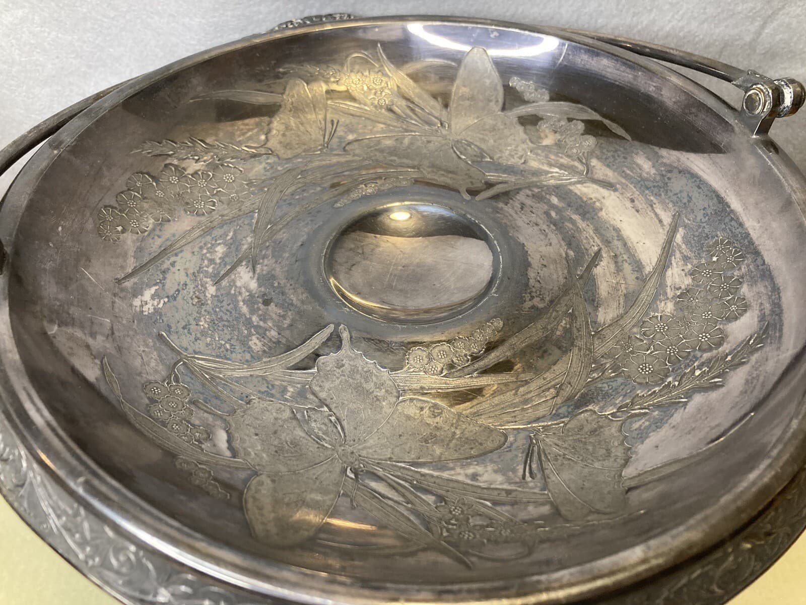Silver Plate Compote bowl botanical & butterflies Meriden, Conn.  9.5” x  5” H 6