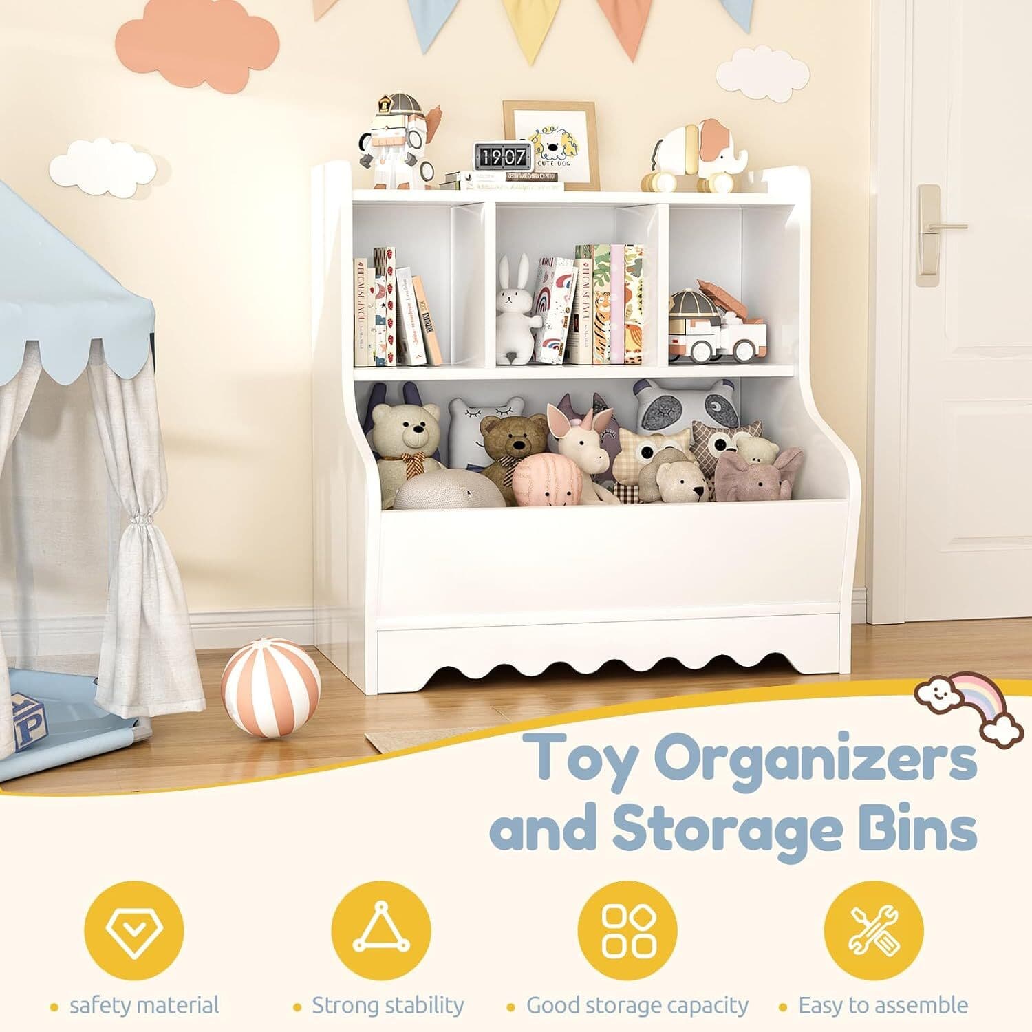 Kids Bookshelf, Toddler Toy Storage Organizer Wooden 4 Cubby Children Book Shelf 3