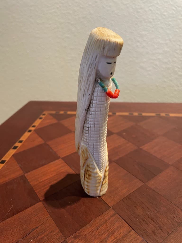 Zuni Corn Maiden Fetish by Marcus Panteah – Antler w/ Turquoise & Coral Necklace 3