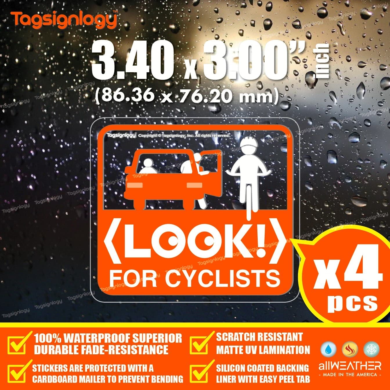 4pcs Look For Cyclist Awareness Decal - Prevent Dooring Accidents Clear Stickers 3