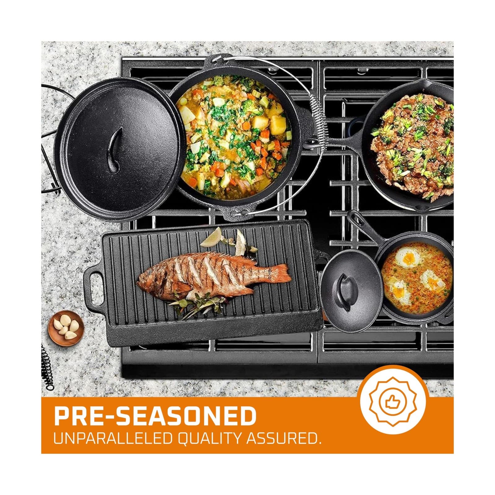 Bruntmor Camping Cooking Set of 7. Pre Seasoned Cast Iron Pots and ... Fast Ship 2