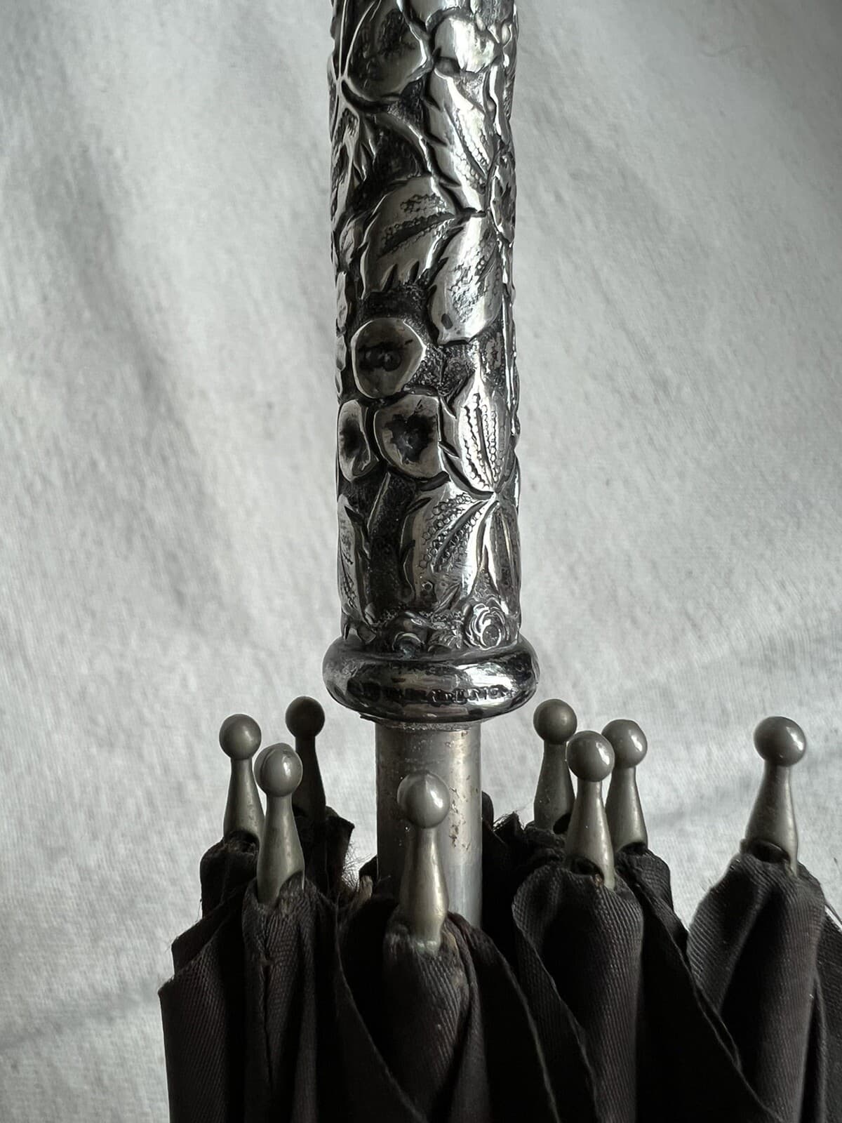 Antique Loop End Sterling Silver Repousse Umbrella From Baltimore 5
