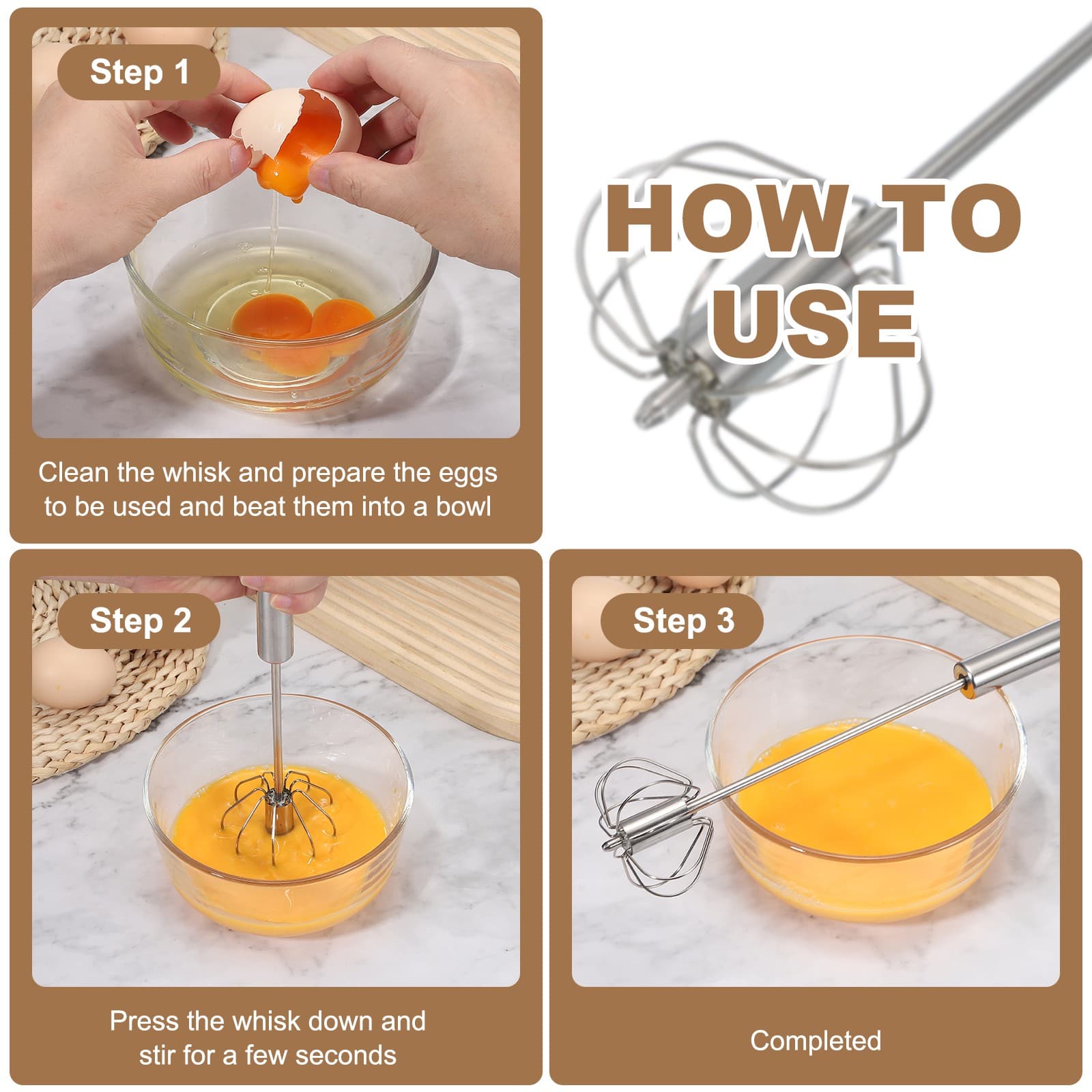 Stainless Steel Whisk, 10.8 Inch Semi-Automatic Whisking Tool, Silver 5