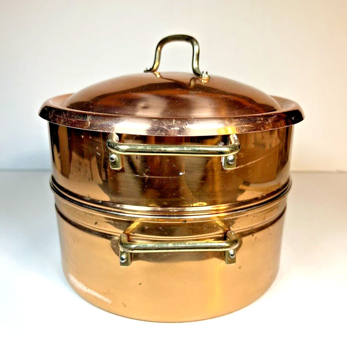 Copper Clad Steamer Pot with Lid.  8.75" dia.  base is 3.5" basket is 3.25" tall 5