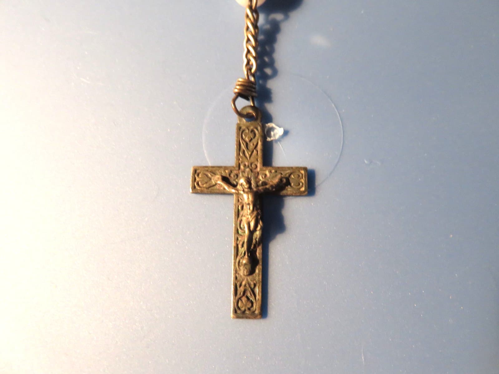 Old French Rosary White Glass Beads Virgin Mary Center Medal 3