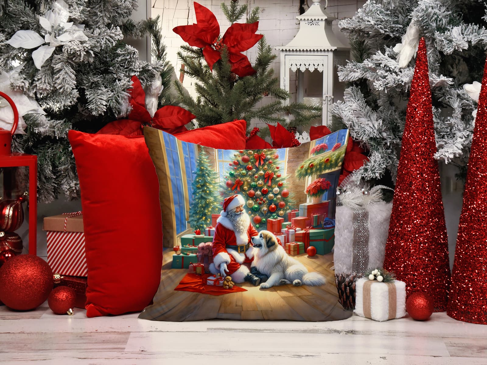 Great Pyrenees and Santa Claus Christmas Fabric Decorative Pillow DAC4120PW1414 2