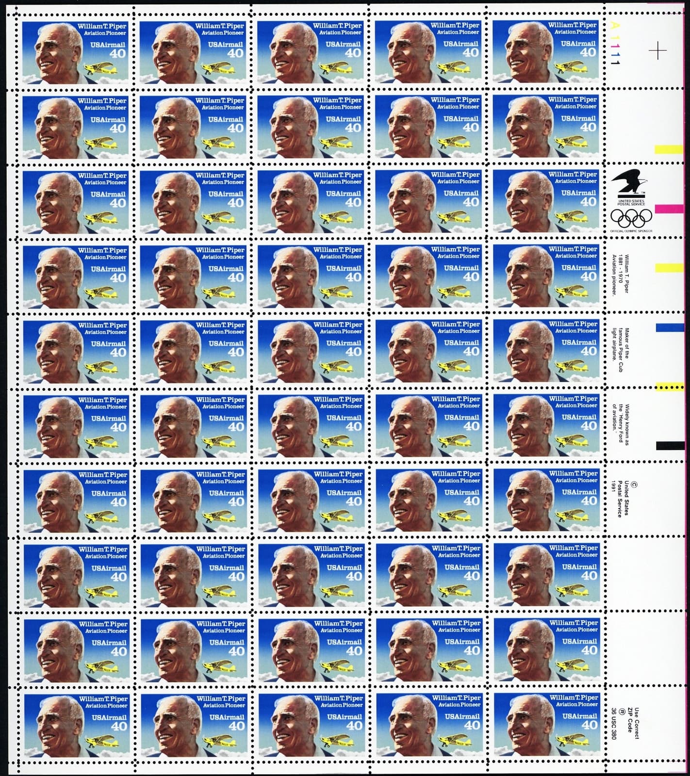 Piper and Piper Cub Full Sheet of Fifty 40 Cent Airmail Stamps Scott C129