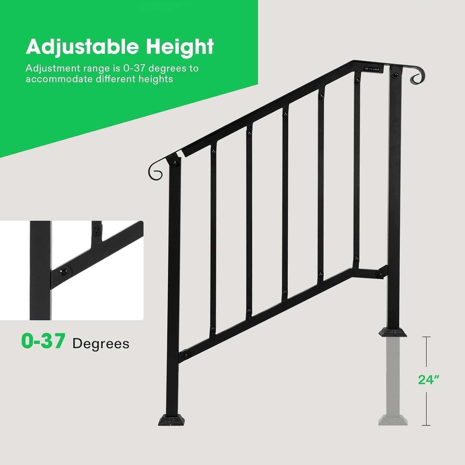 VIVOSUN Wrought Iron Handrail Stair Railing for 2/3/4/5 Steps Adjustable Height 4