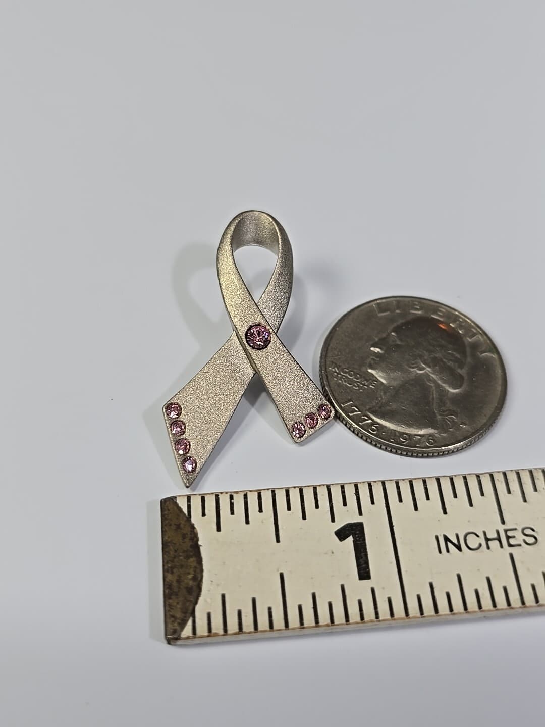 Avon Lapel Pin Silver Ribbon With Faux Pink Jewels Cancer Awareness  3