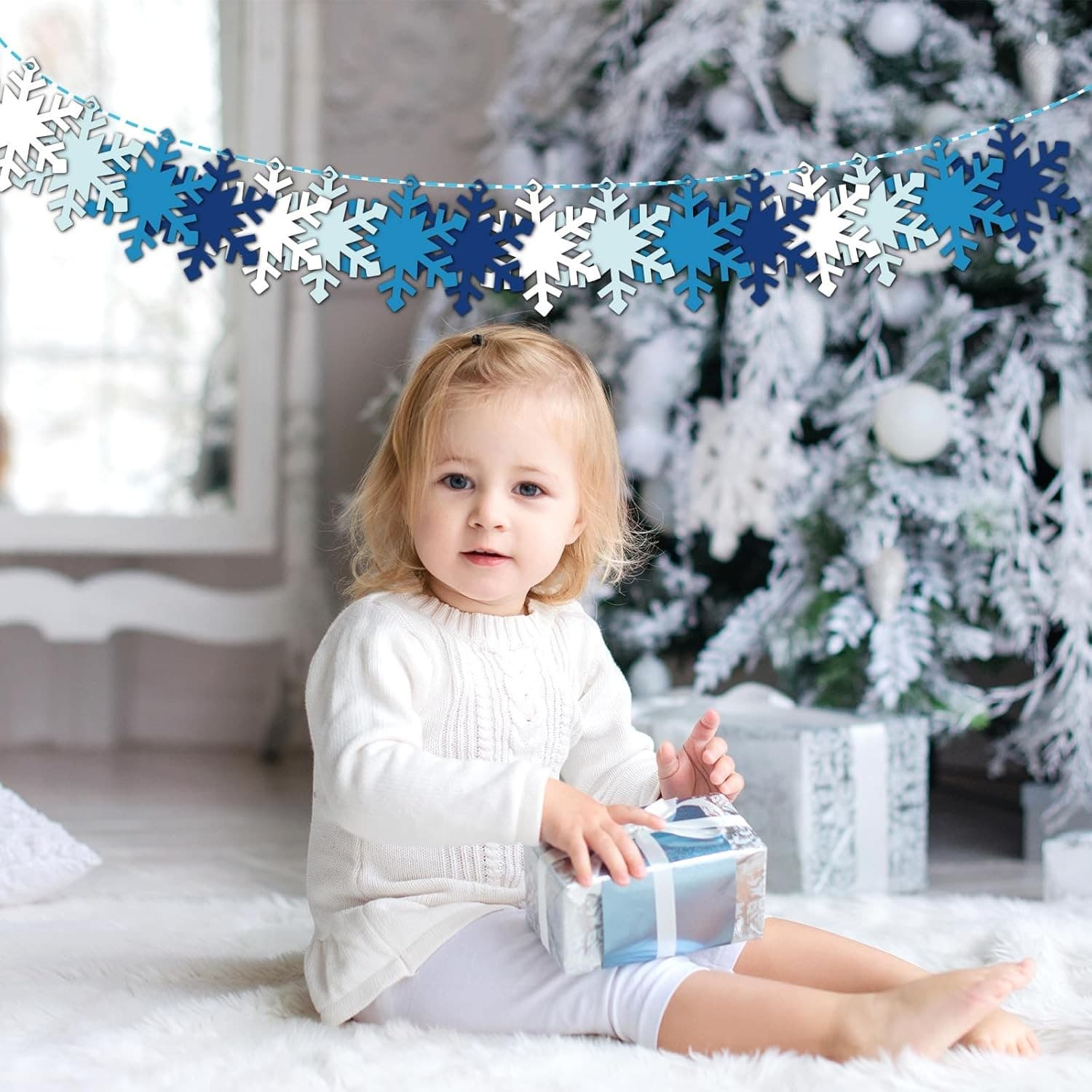 120Pcs Christmas Winter Paper Gift Tags with Hemp Rope White Blue Snowflake Hang 6