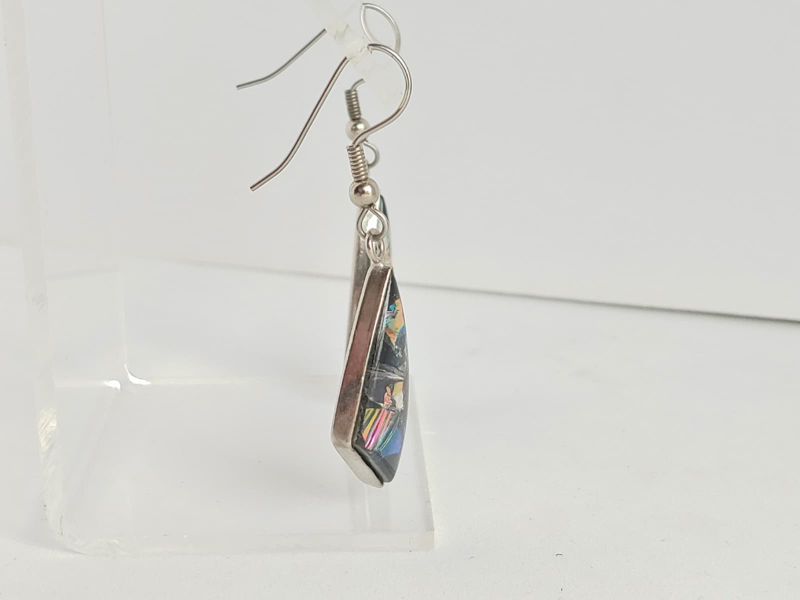 Dichroic Glass Silvertone Geometric Earrings Dangle Drop Black/Multicolor 2in 5