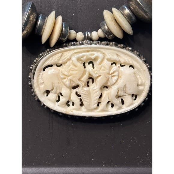 Vintage Elephant Necklace Carved Bovine Bone Beads Boho Tribal Statement Jewelry 3