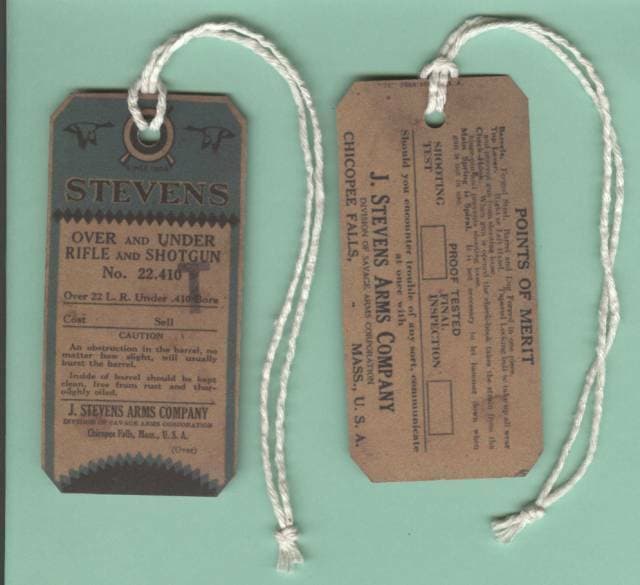 J. Stevens Model 22-410 Hang Tag Reproduction
