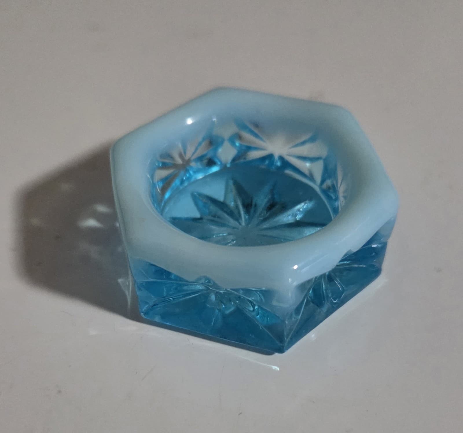 Mosser ~Open Salt Cellar ~ Blue Opalescent Hexagon 