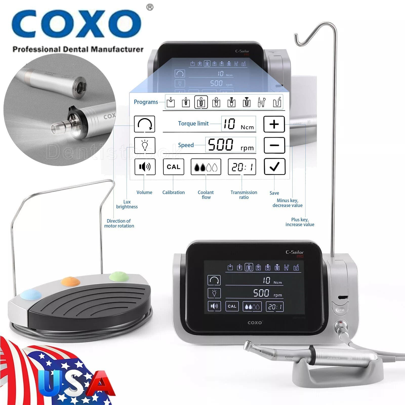 COXO Dental LED Implant Motor Surgical Touch System &20:1 Contra Angle Handpiece