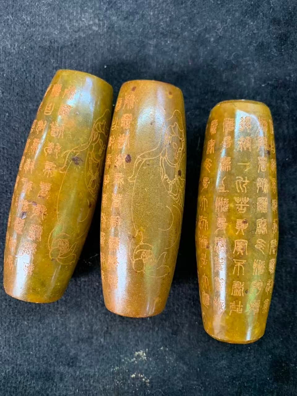 3Pcs Large Chinese Old Jade Hand Carved *Buddhist Scriptures/KwanYin* Cong Beads 4