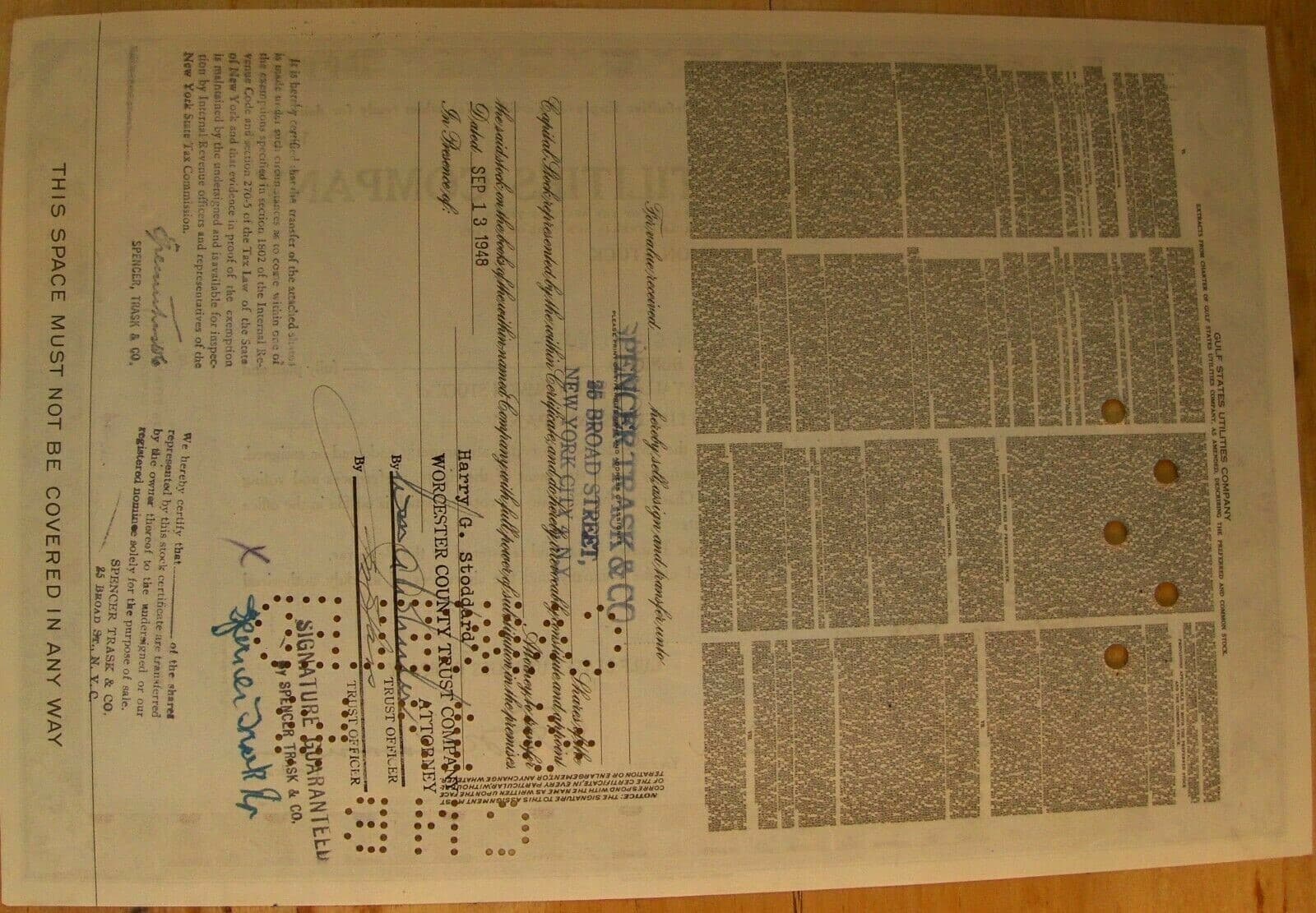 Gulf States Utilities 3 sequential stock certificates, 1957 Broker Spencer Trask 2