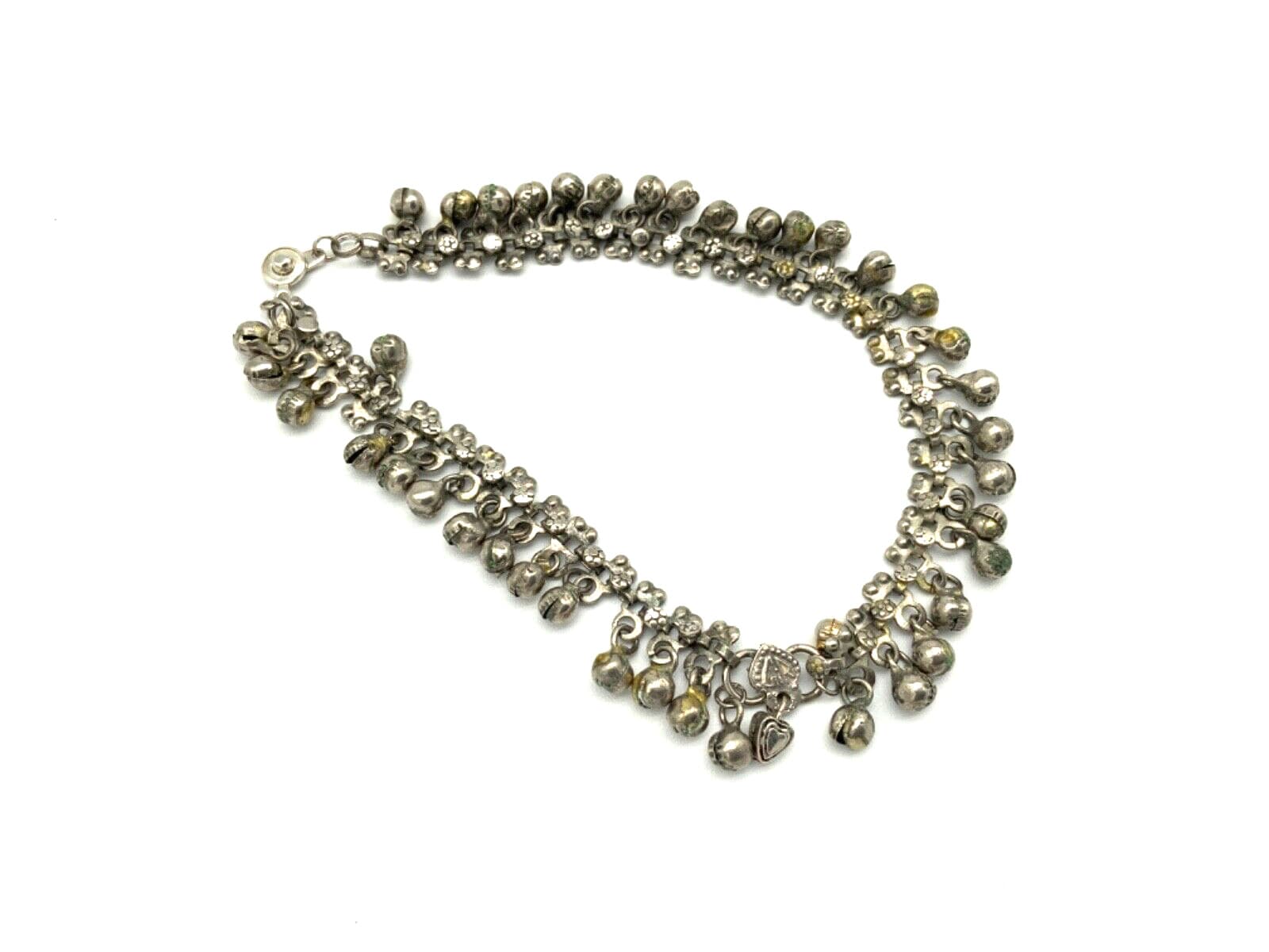 Antique Tribal Old Silver ANKLET Belly Dance Bells Authentic Hearts Signed Lock 5