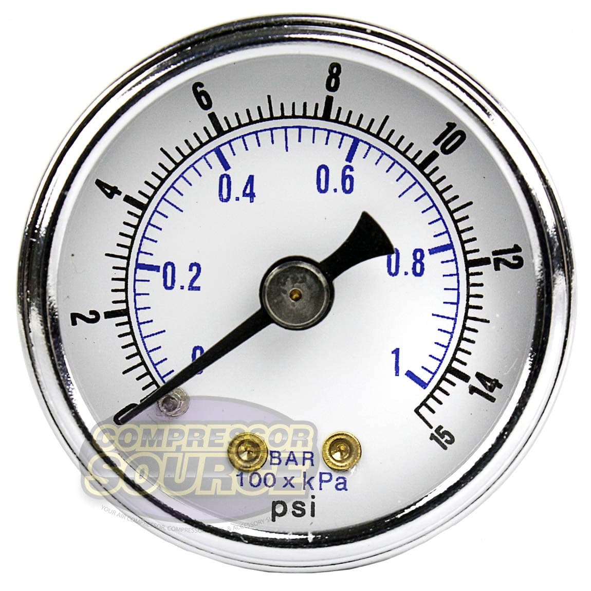 1/8" NPT Air Pressure Gauge 0-15 PSI Back Mount 1.5" Face Diameter