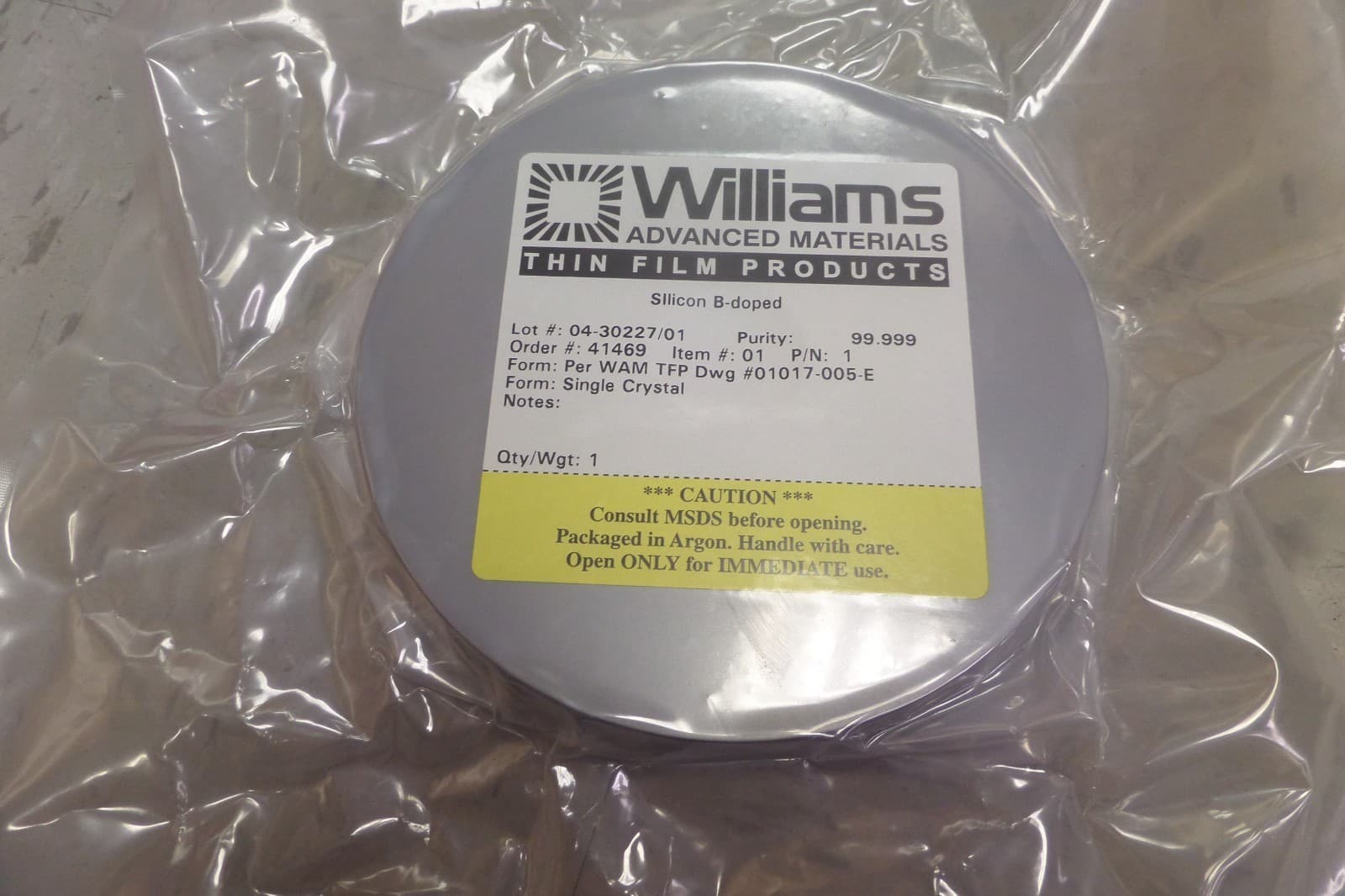 Williams Sputter Sputtering Target Silicon B-doped WAM TFP Dwg 01017-005-E New