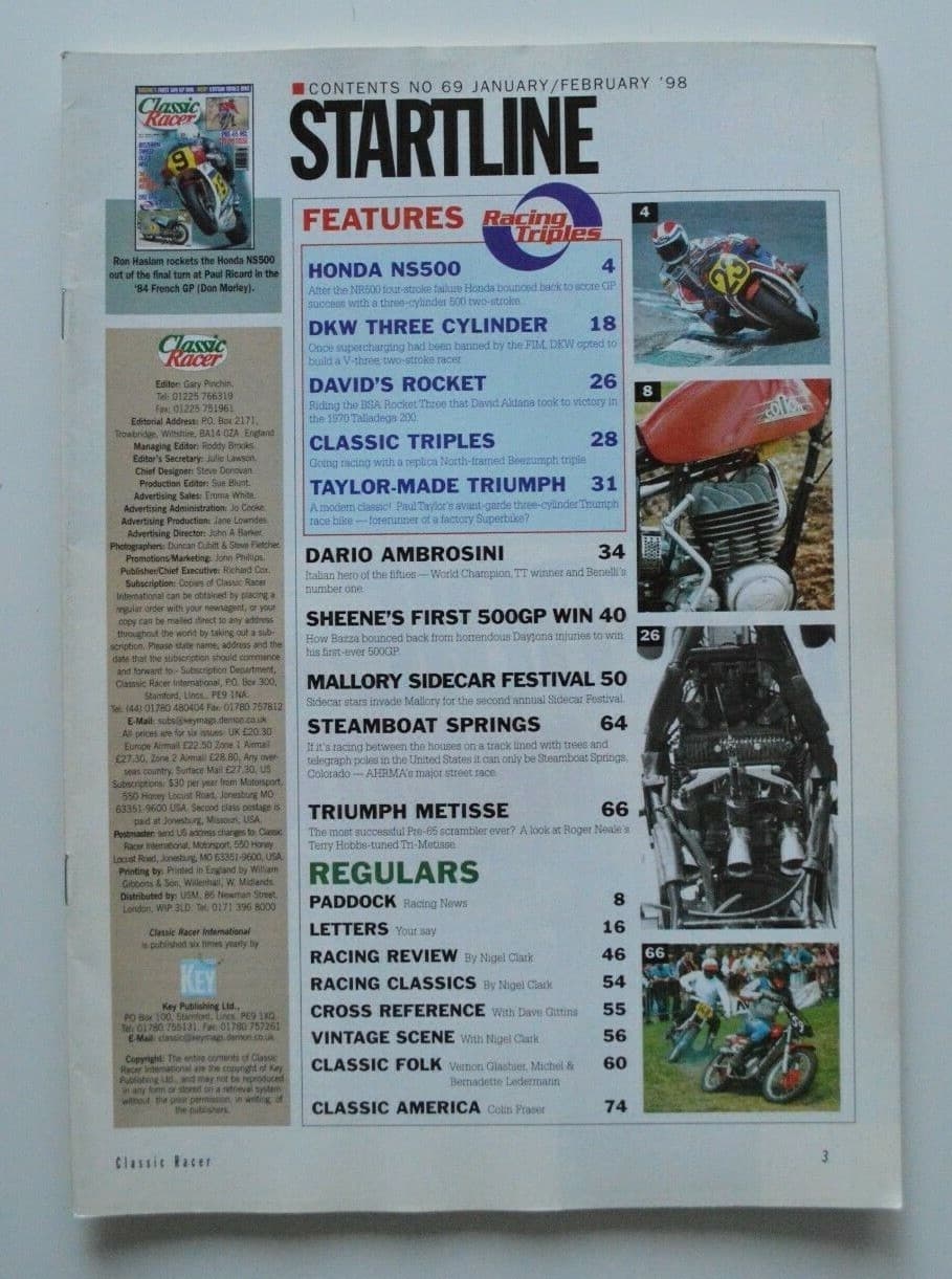 CLASSIC RACER February 1998 Dario Ambrosini Honda NS500 BSA Rocket Three