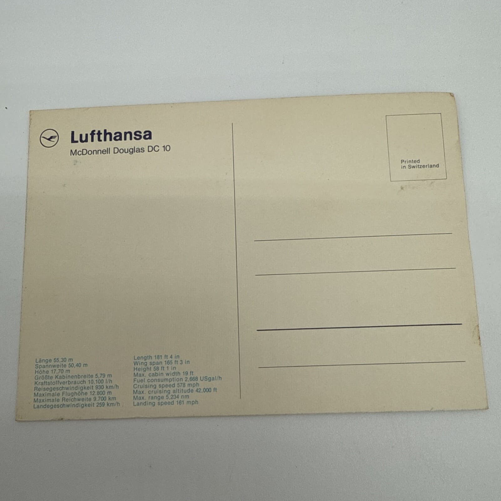 Vintage Lufthansa McDonnell Douglas DC 10 Continental Postcard 4