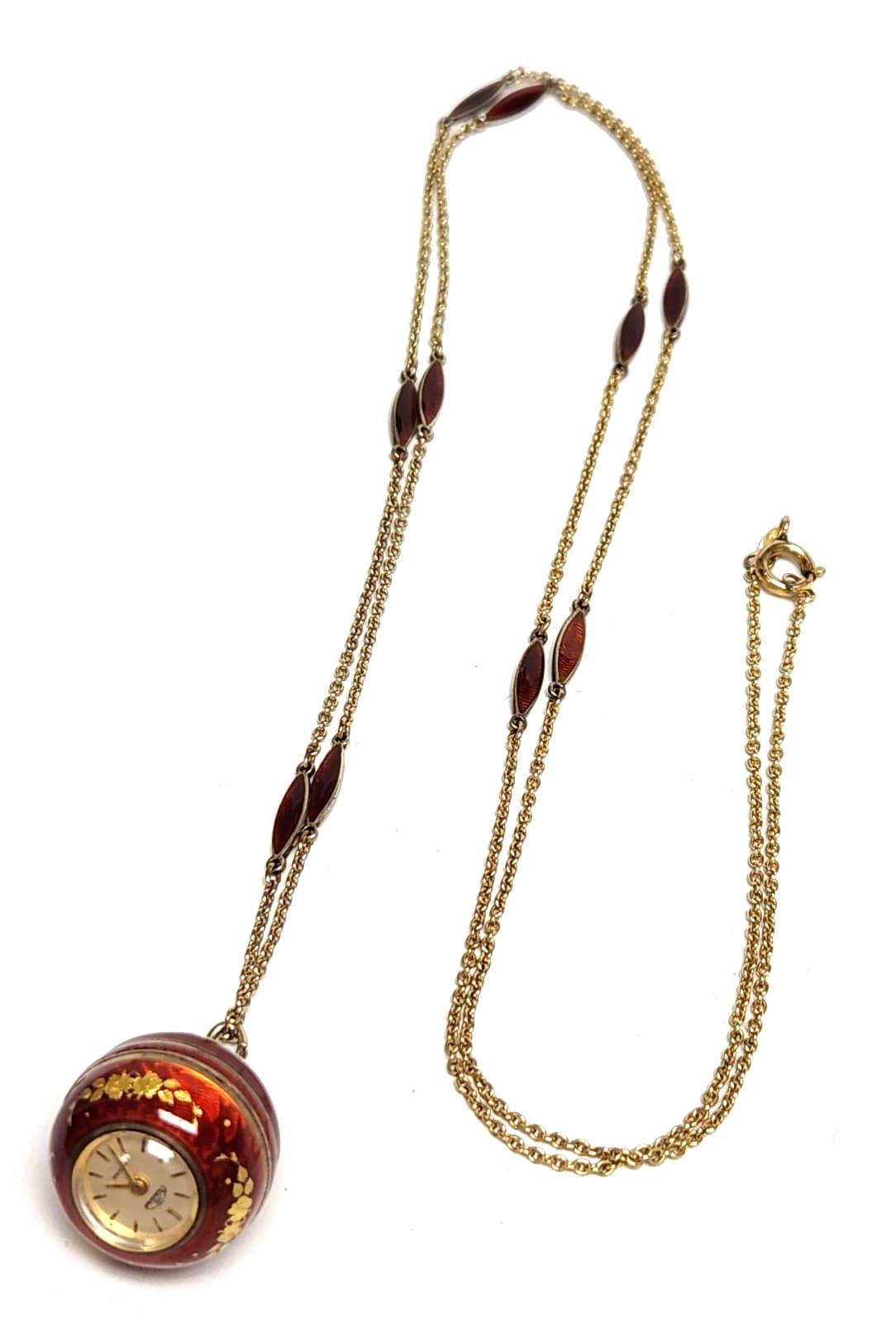 Vintage 60's Gold Plate Sterling Silver Red Enamel Nadine Watch Pendant Necklace 3